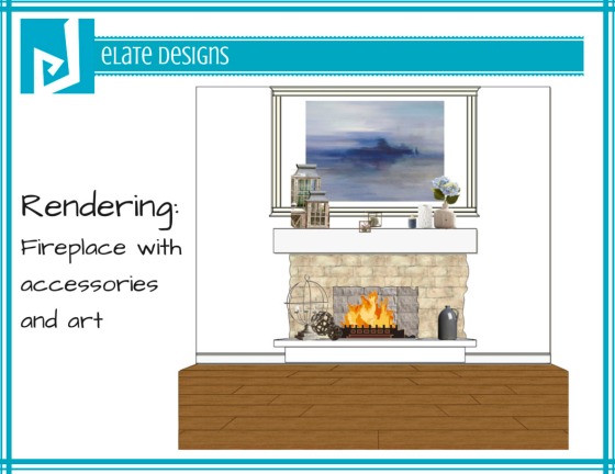 Ashley Hutchinson rendering of fireplace accessories and art